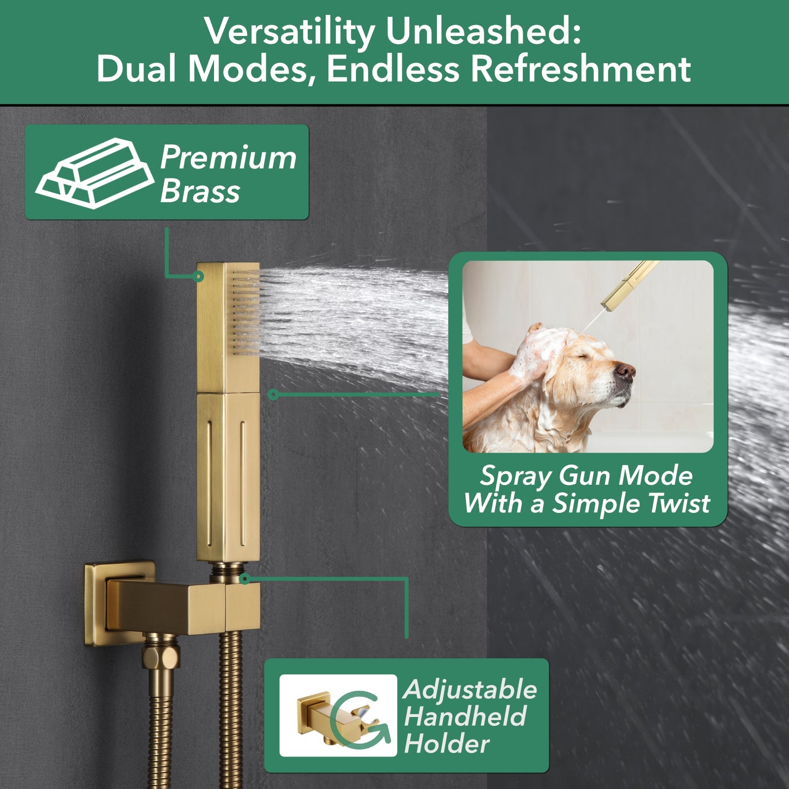 5-Spray Shower Head 20*10 in. Wall Fixed and Handheld Shower Head 1.8 GPM with Pressure Balance and 4-Jet in Brushed Gold
