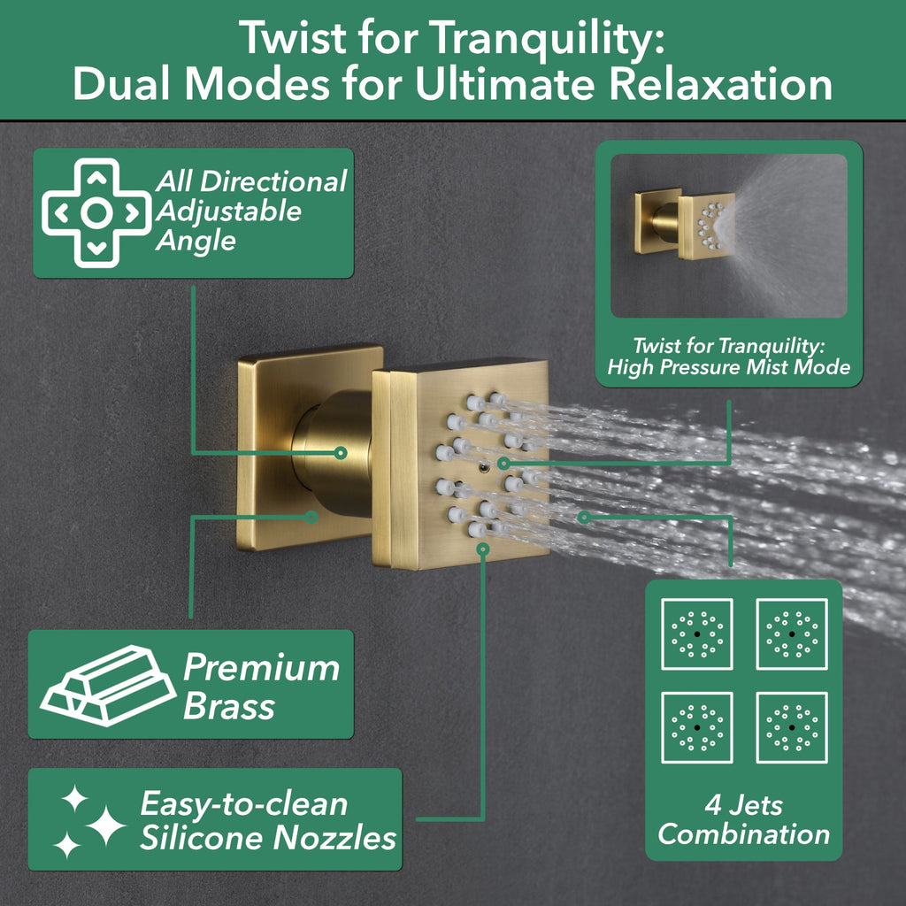5-Spray Shower Head 20*10 in. Wall Fixed and Handheld Shower Head 1.8 GPM with Pressure Balance and 4-Jet in Brushed Gold