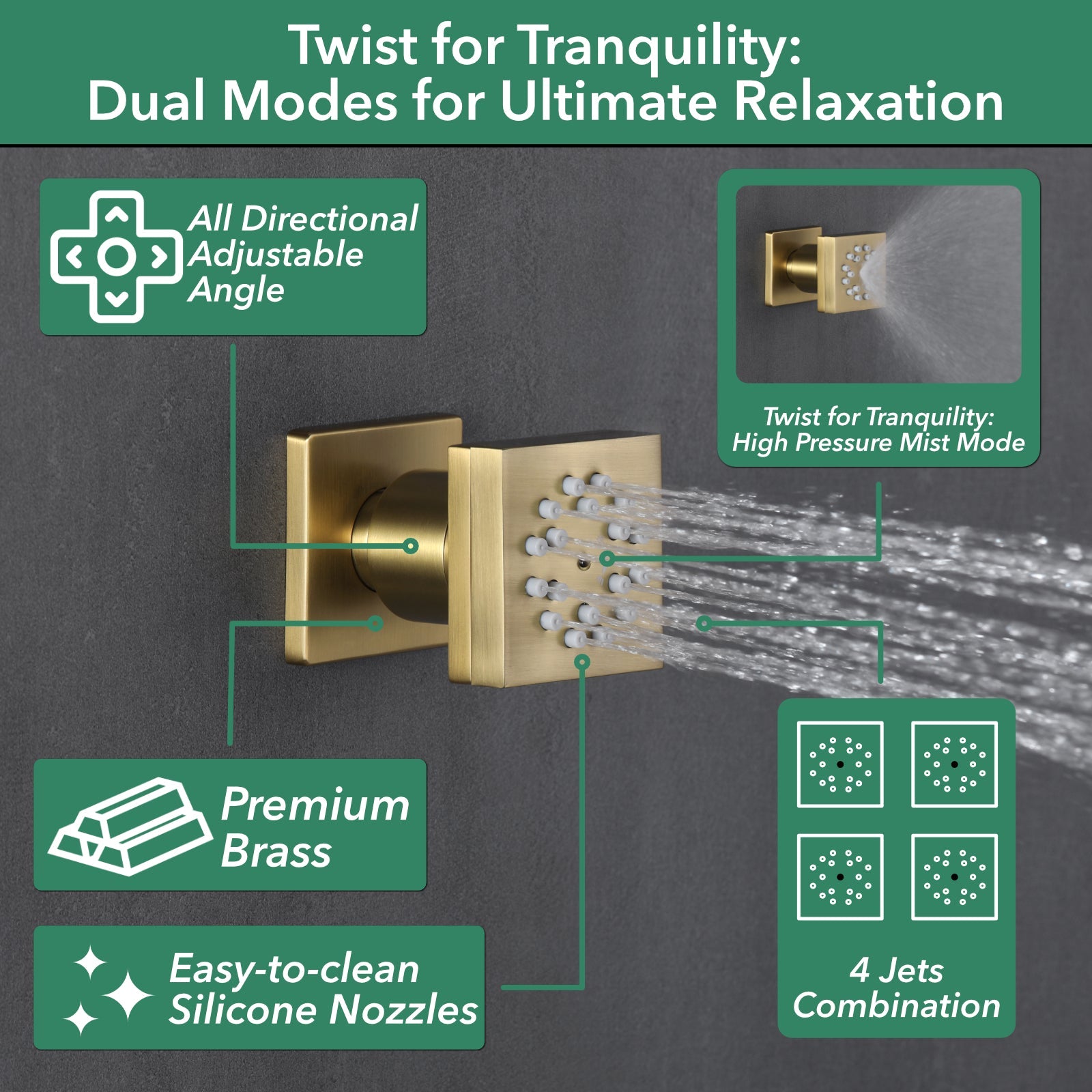 5-Spray Shower Head 20*10 in. Wall Fixed and Handheld Shower Head 1.8 GPM with Pressure Balance and 4-Jet in Brushed Gold