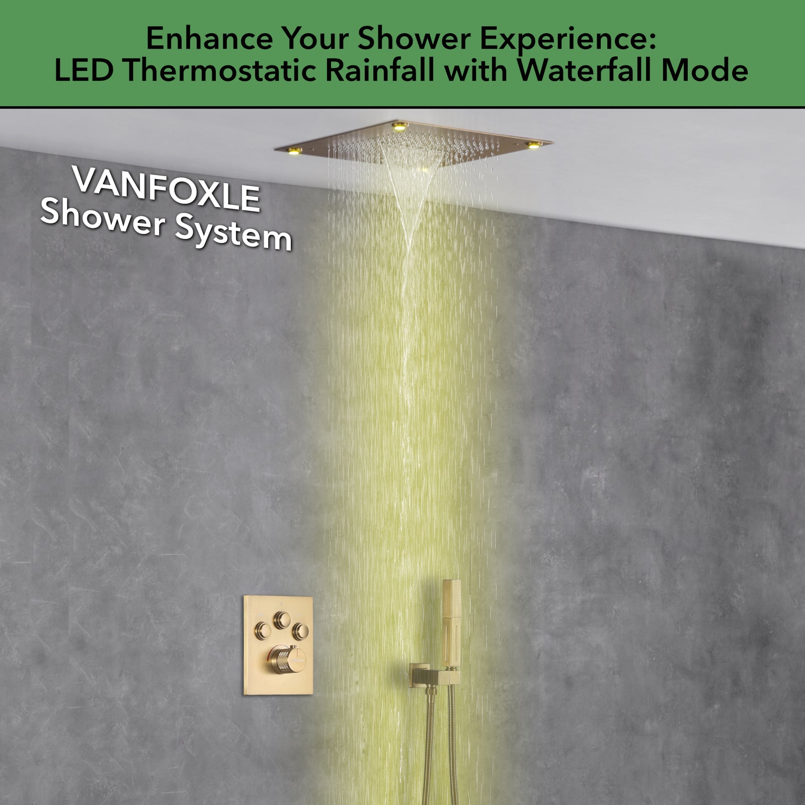 Single Handle 2-Spray Shower Faucet 1.8 GPM 16 in. Square Ceiling Mounted with Pressure Balance in Matte Lash Gold