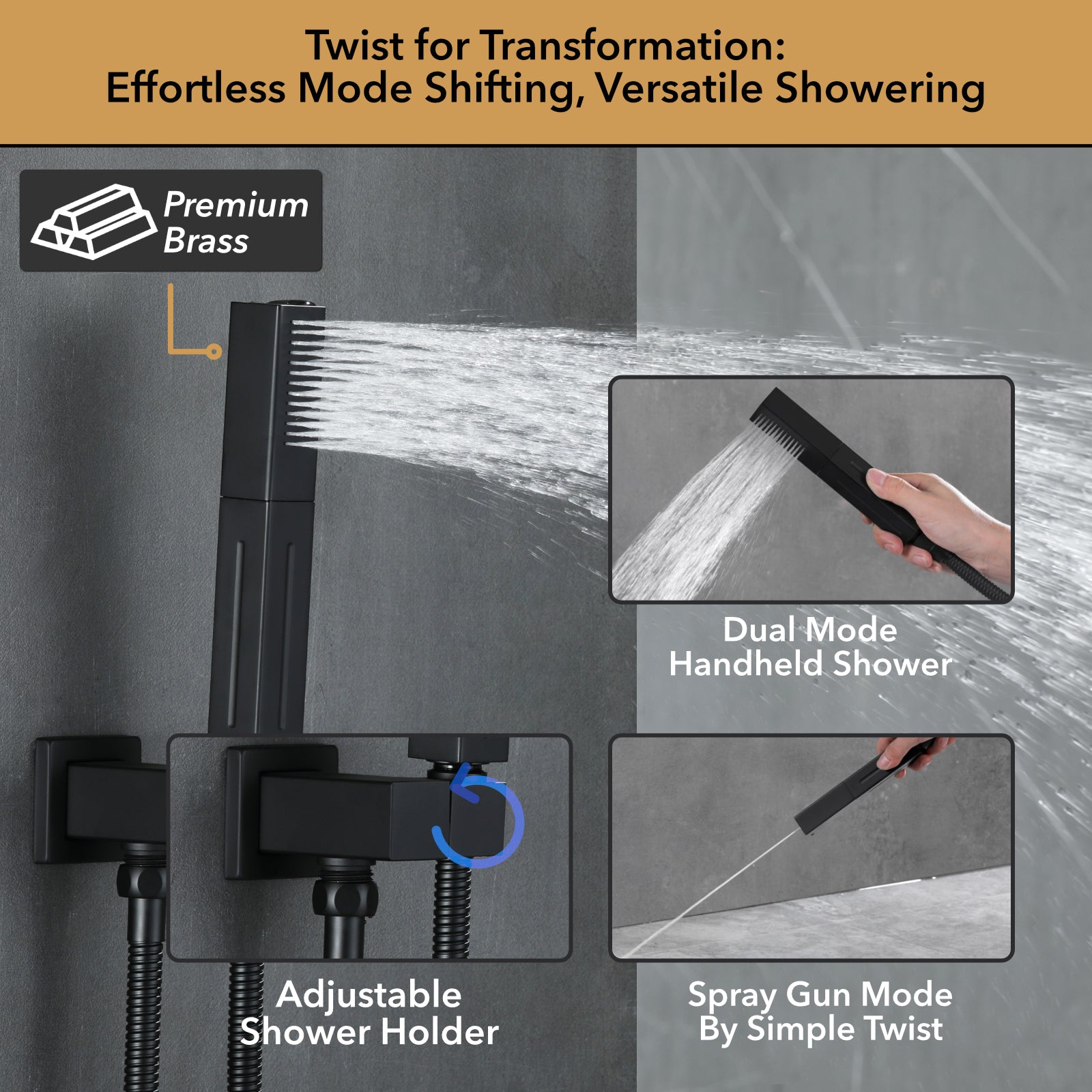 Single Handle 2-Spray Shower Faucet 1.8 GPM 16 in. Square Ceiling Mounted with Pressure Balance in Matte Black