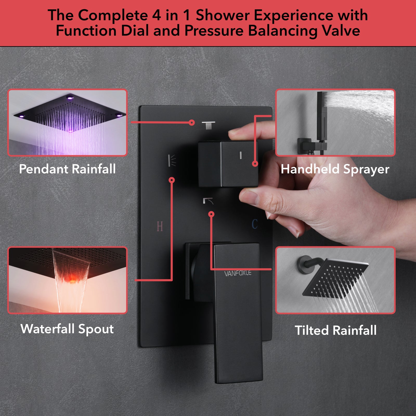 Single Handle 5-Spray Shower Faucet 1.8 GPM 16 in. LED Square Ceiling Mounted with Pressure Balance