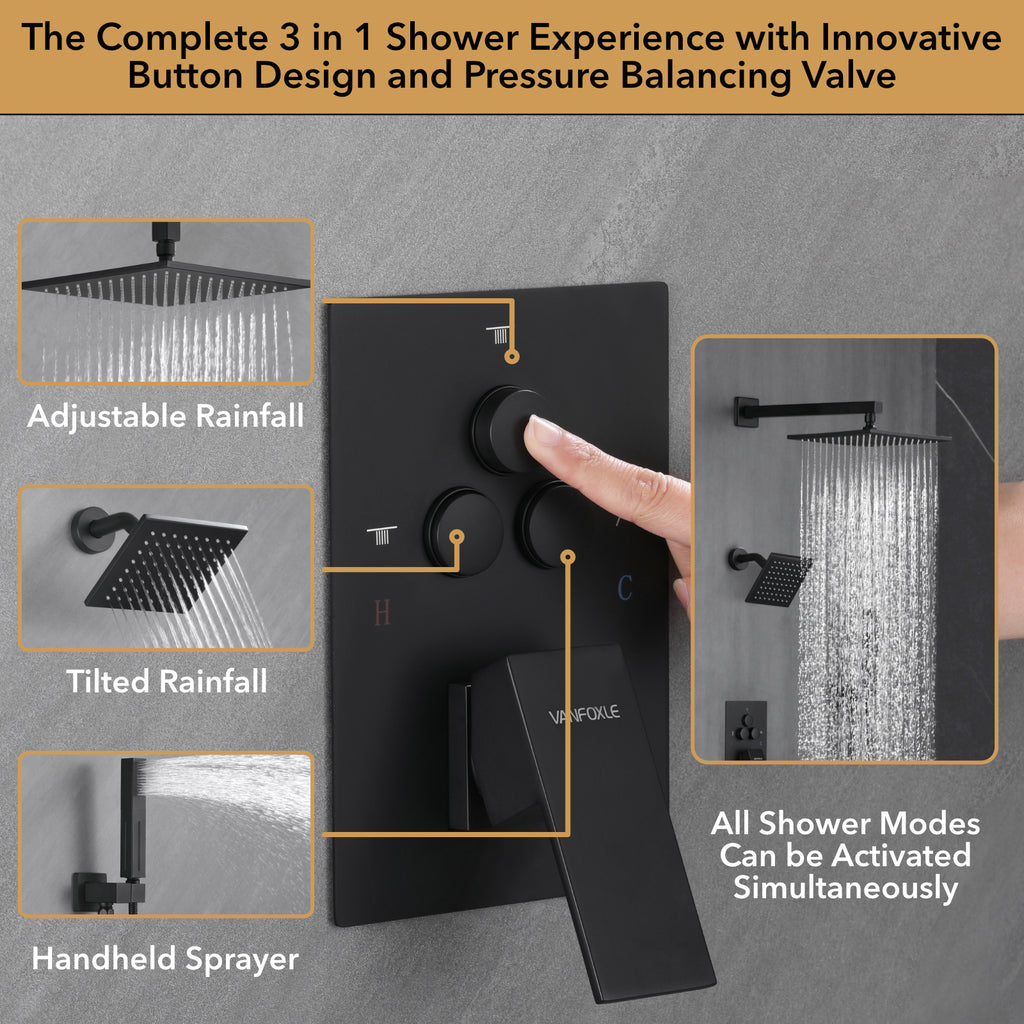 Single Handle 4-Spray Shower Faucet 1.8 GPM 10 in. Square Ceiling Mounted Shower with Pressure Balance in Matte Black