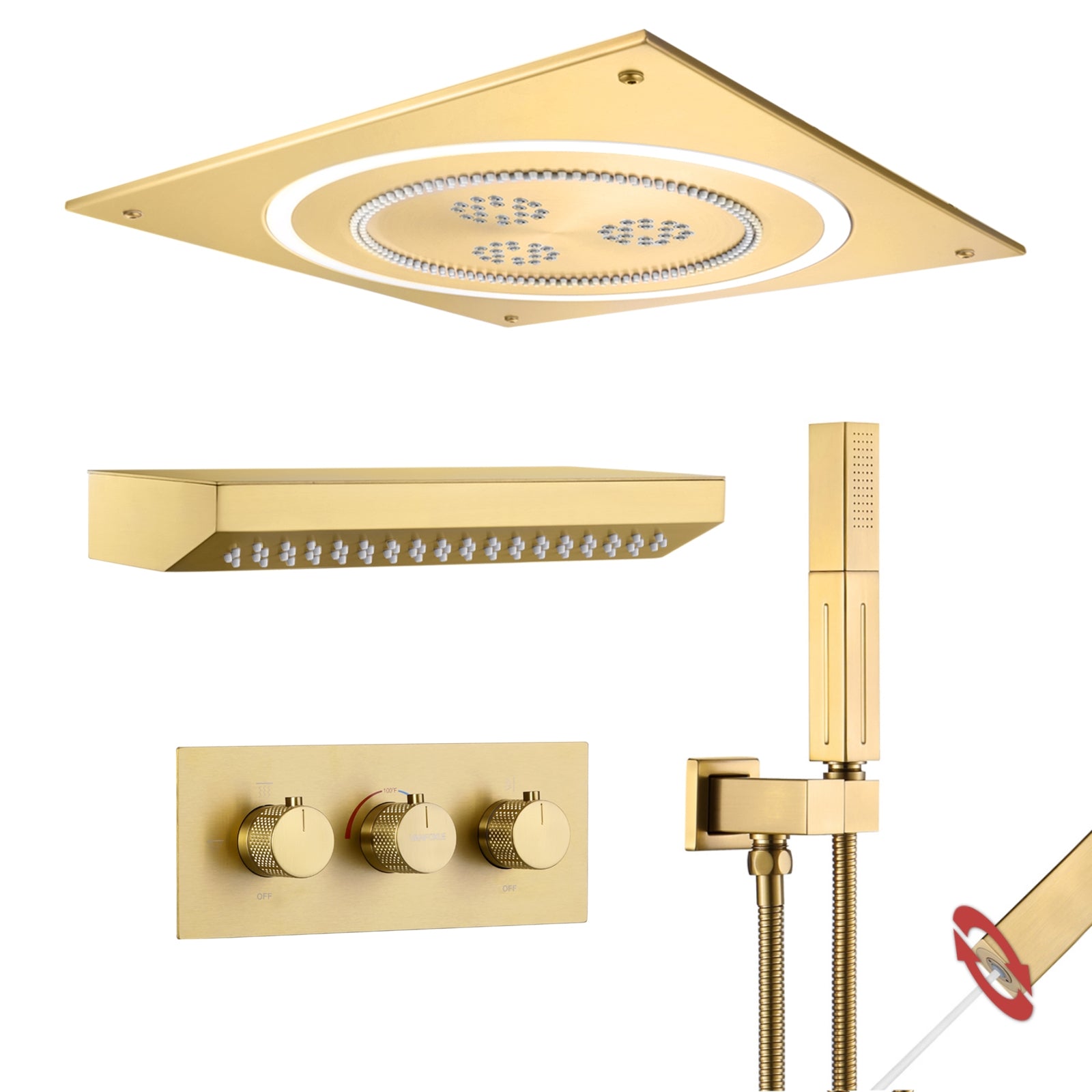 Single Handle 2-Spray Shower Faucet 1.8 GPM with 19 in. LED Square Head and 14-Inch Shoulder Massage