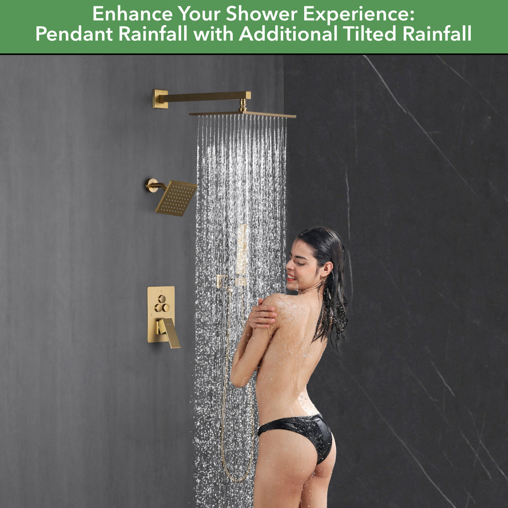 Single Handle 4-Spray Shower Faucet 1.8 GPM 10 in. Square Ceiling Mounted Shower with Pressure Balance in Brushed Gold