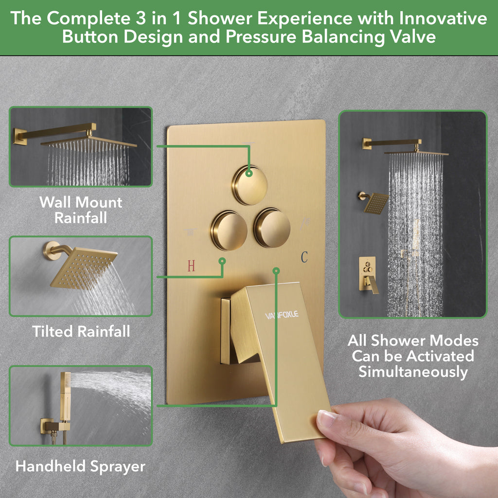Single Handle 4-Spray Shower Faucet 1.8 GPM 10 in. Square Ceiling Mounted Shower with Pressure Balance in Brushed Gold