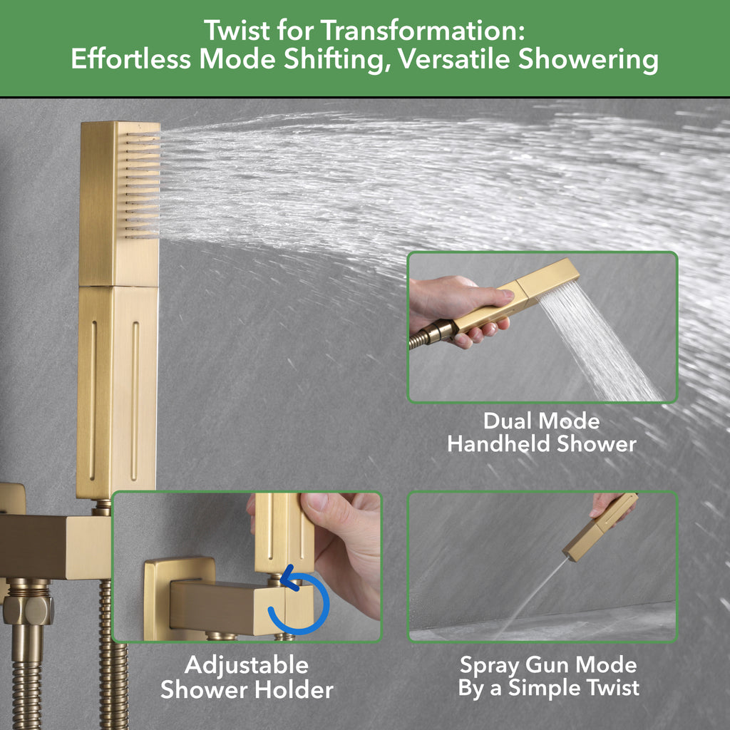 Single Handle 4-Spray Shower Faucet 1.8 GPM 10 in. Square Ceiling Mounted Shower with Pressure Balance in Brushed Gold