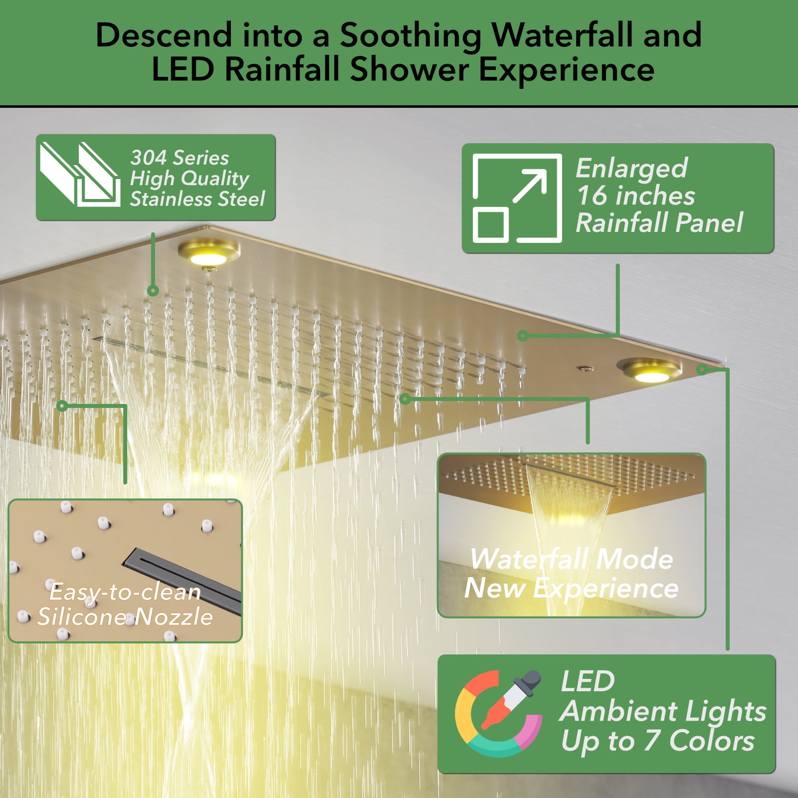 Single Handle 2-Spray Shower Faucet 1.8 GPM 16 in. Square Ceiling Mounted with Pressure Balance in Matte Lash Gold