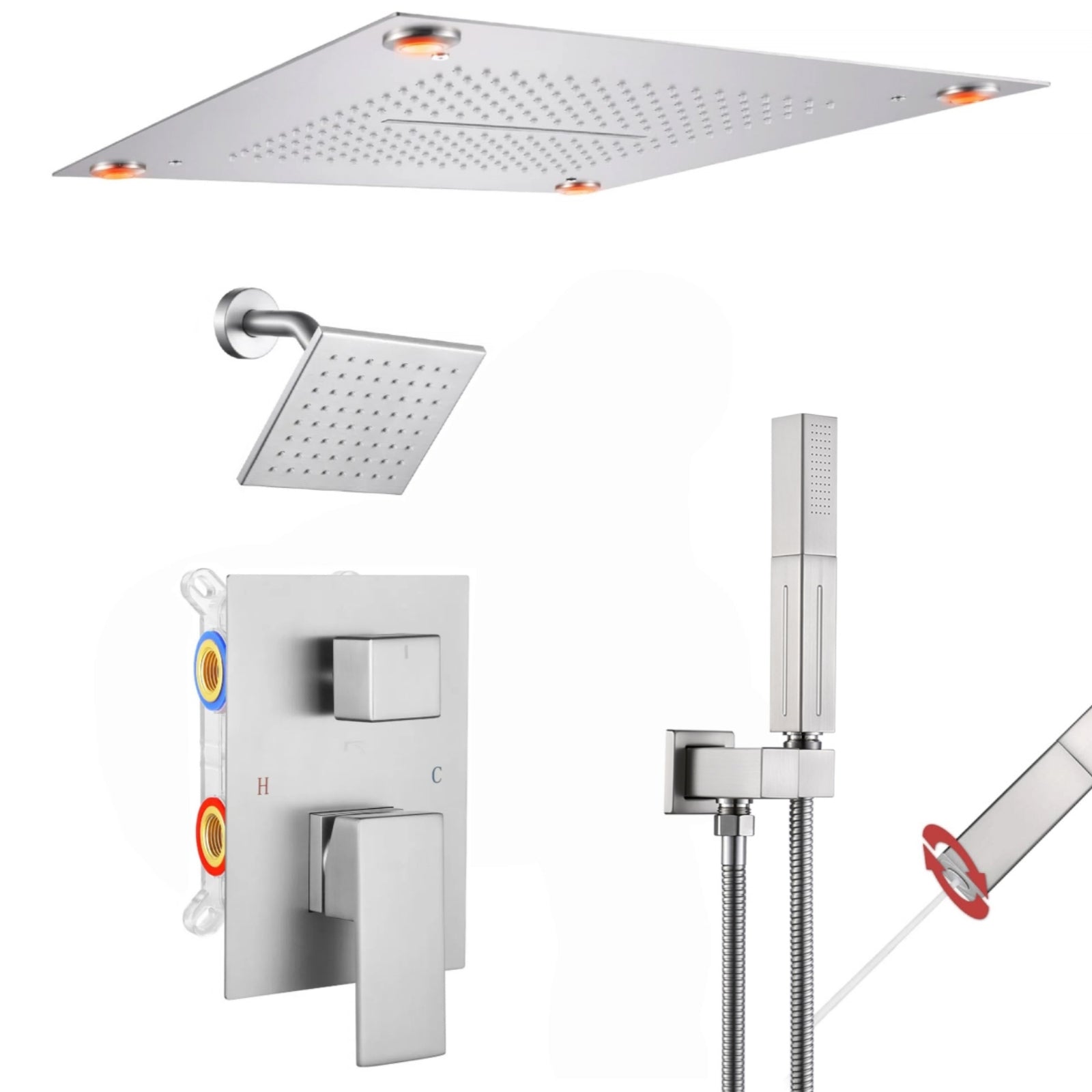 Single Handle 5-Spray Shower Faucet 1.8 GPM 16 in. LED Square Ceiling Mounted with Pressure Balance