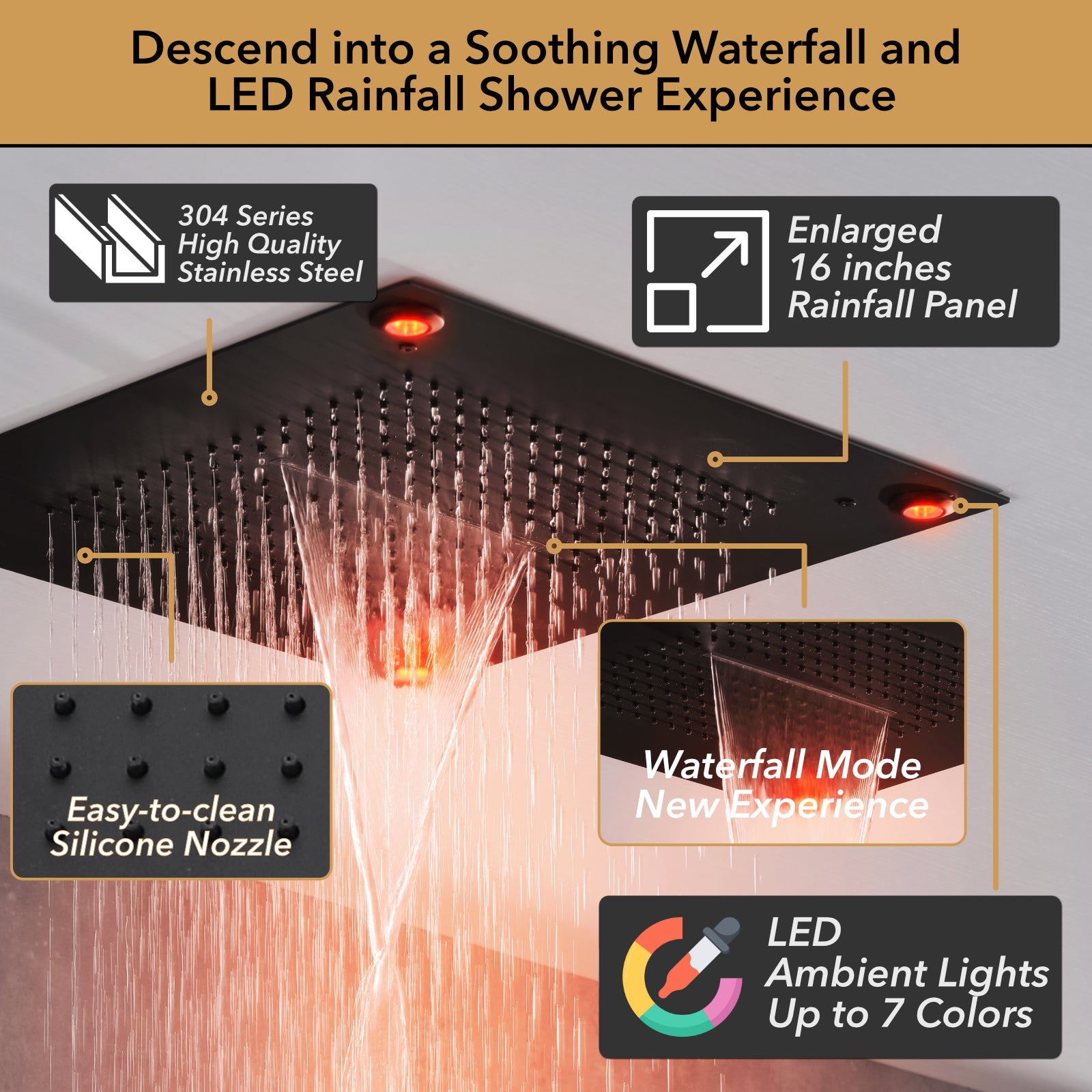 Single Handle 2-Spray Shower Faucet 1.8 GPM 16 in. Square Ceiling Mounted with Pressure Balance in Matte Black