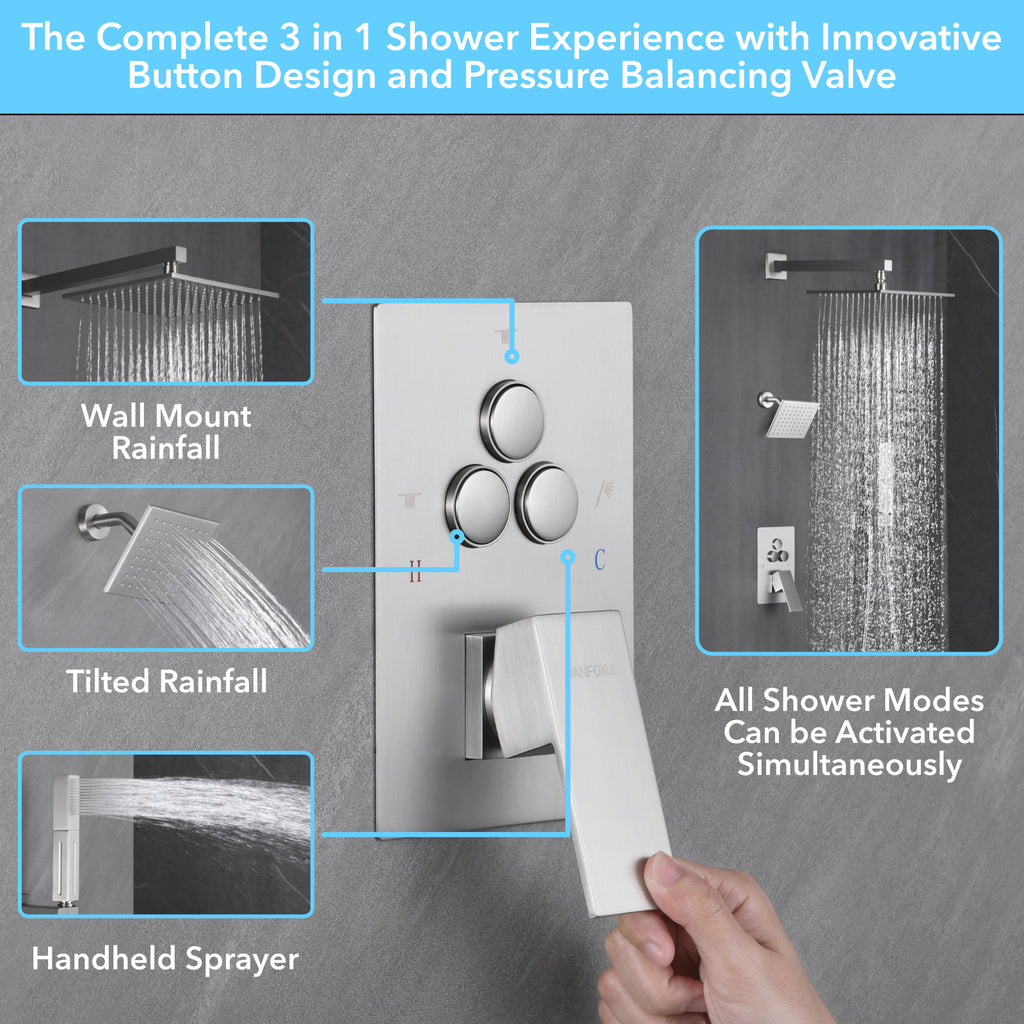 Single Handle 4-Spray Shower Faucet 1.8 GPM 10 in. Square Ceiling Mounted Shower with Pressure Balance in Brushed Nickel