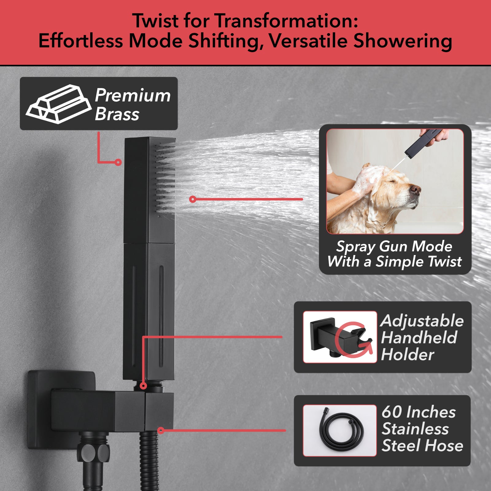 Single Handle 5-Spray Shower Faucet 1.8 GPM 16 in. LED Square Ceiling Mounted with Pressure Balance
