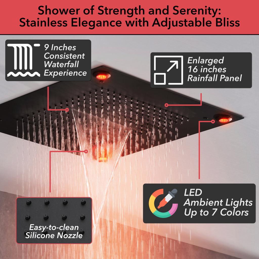 Single Handle 5-Spray Shower Faucet 1.8 GPM 16 in. LED Square Ceiling Mounted with Pressure Balance