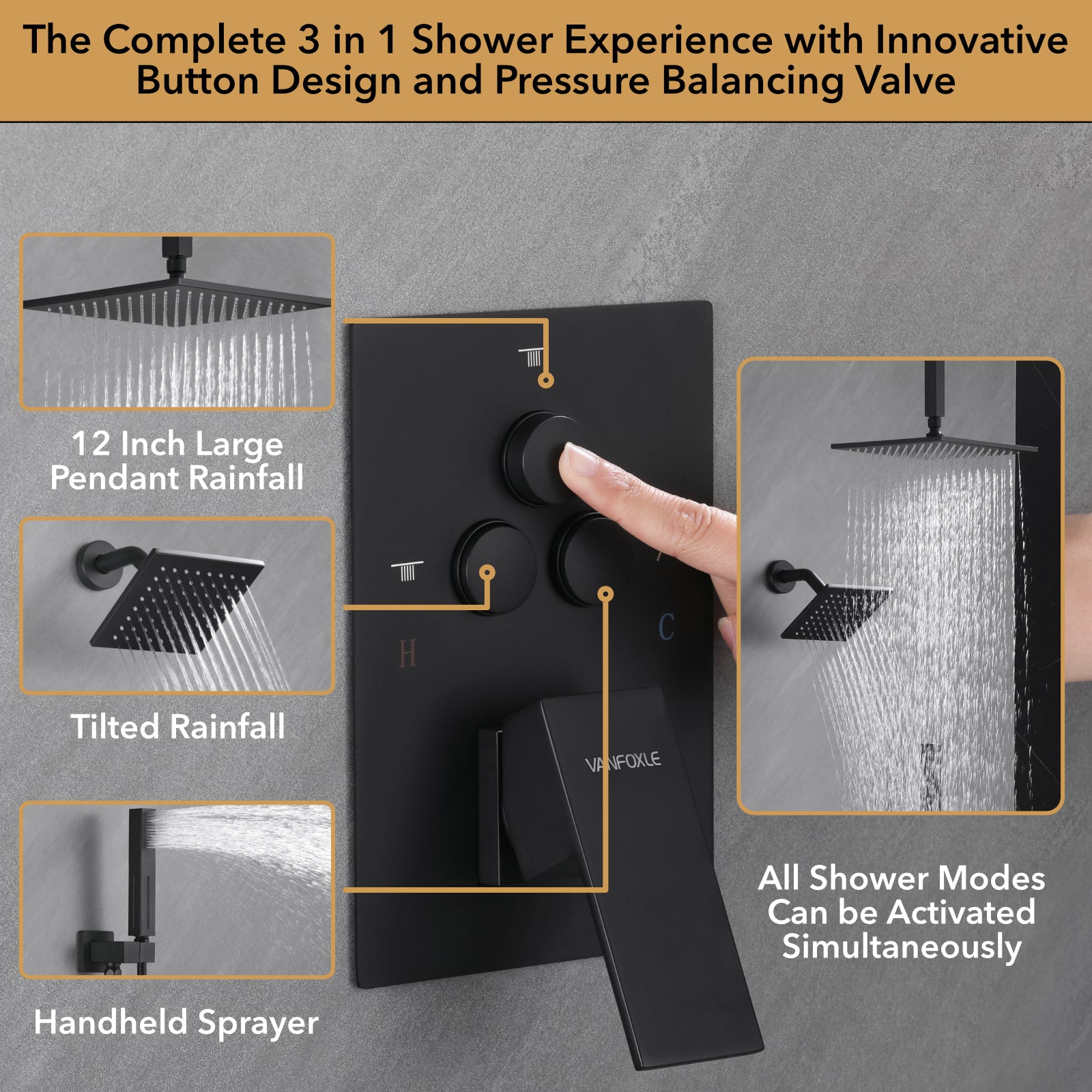 Single Handle 4-Spray Shower Faucet 1.8 GPM 12 in. Square Ceiling Mounted Shower with Pressure Balance