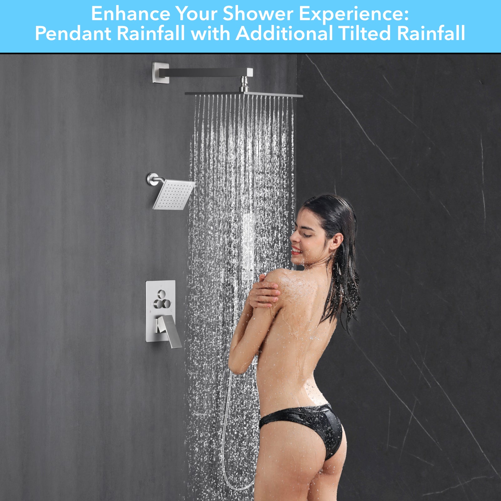 Single Handle 4-Spray Shower Faucet 1.8 GPM 10 in. Square Ceiling Mounted Shower with Pressure Balance in Brushed Nickel