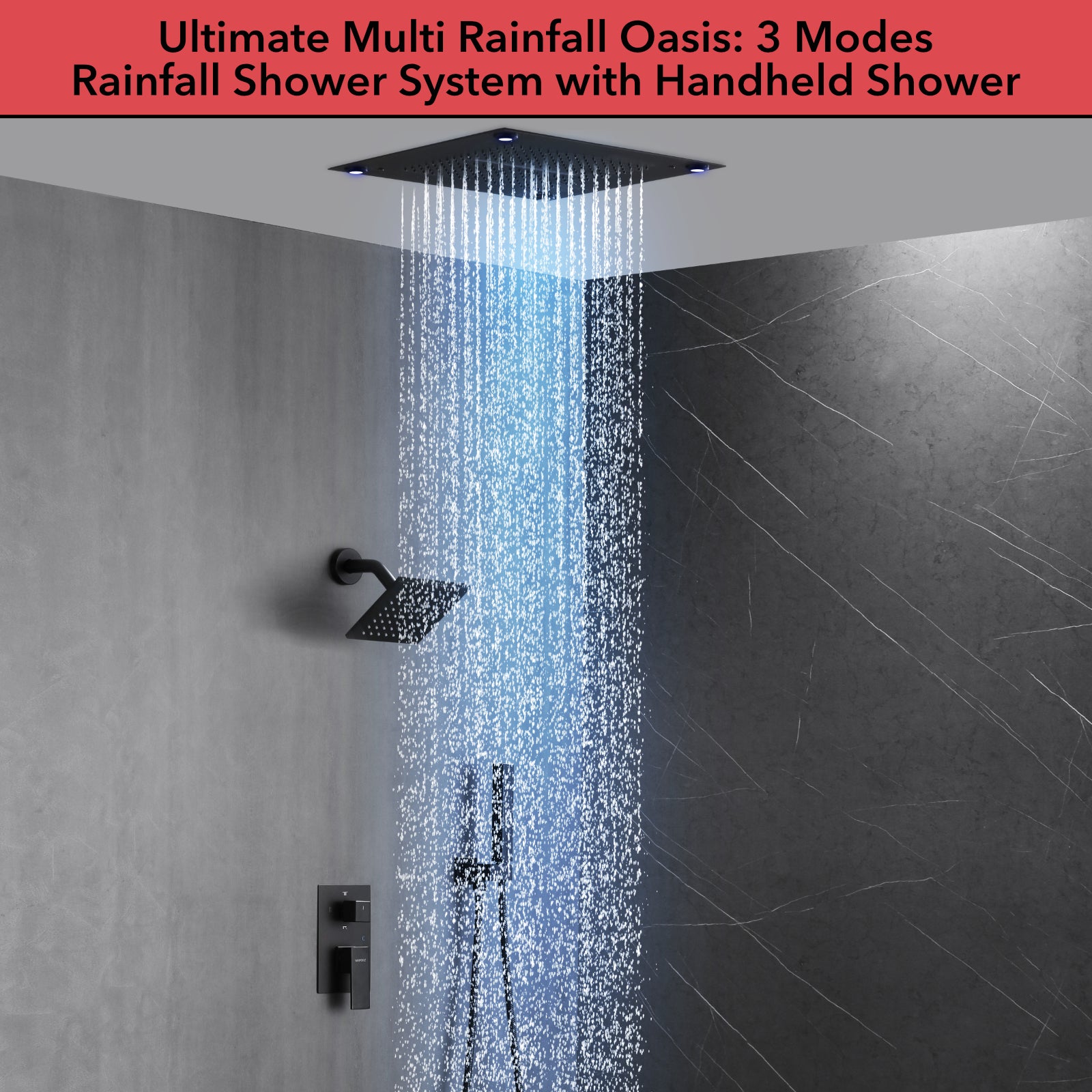 Single Handle 5-Spray Shower Faucet 1.8 GPM 16 in. LED Square Ceiling Mounted with Pressure Balance