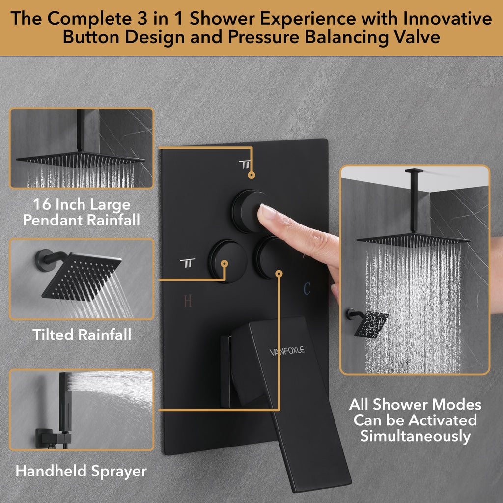 Single Handle 4-Spray Shower Faucet 1.8 GPM 12 in. Square Ceiling Mounted Shower with Pressure Balance