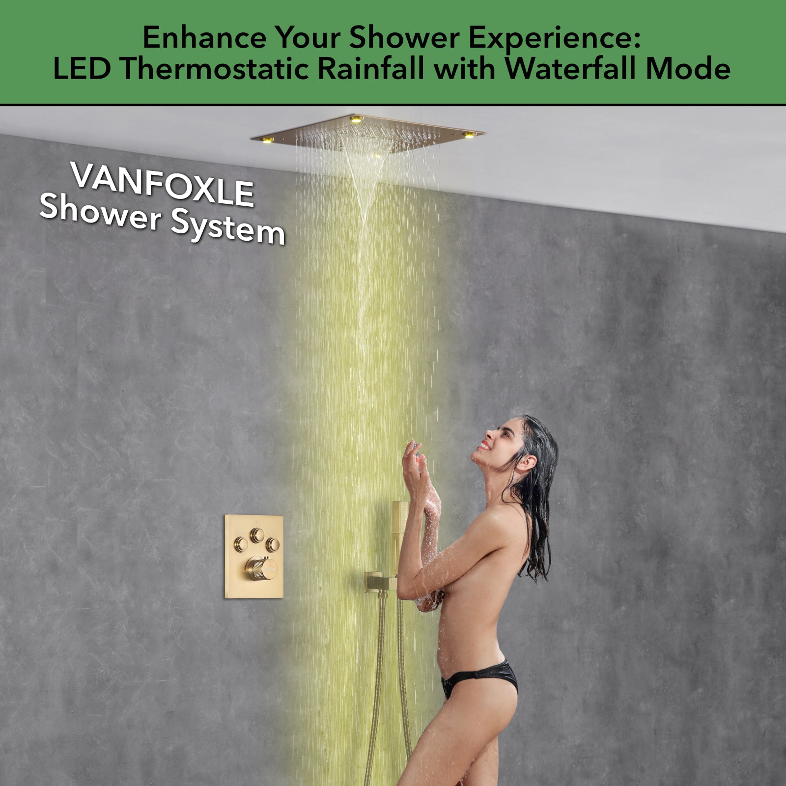 Single Handle 2-Spray Shower Faucet 1.8 GPM 16 in. Square Ceiling Mounted with Pressure Balance in Matte Lash Gold