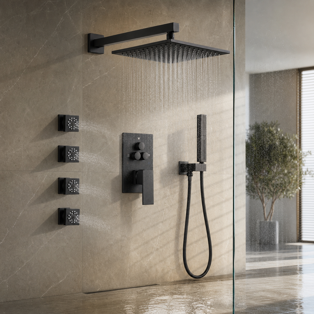 VANFOXLE shower system installed in luxury bathroom scene
