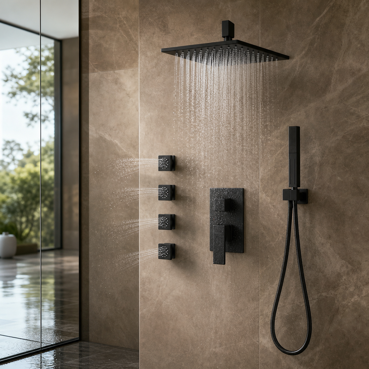 VANFOXLE shower system installed in luxury bathroom scene