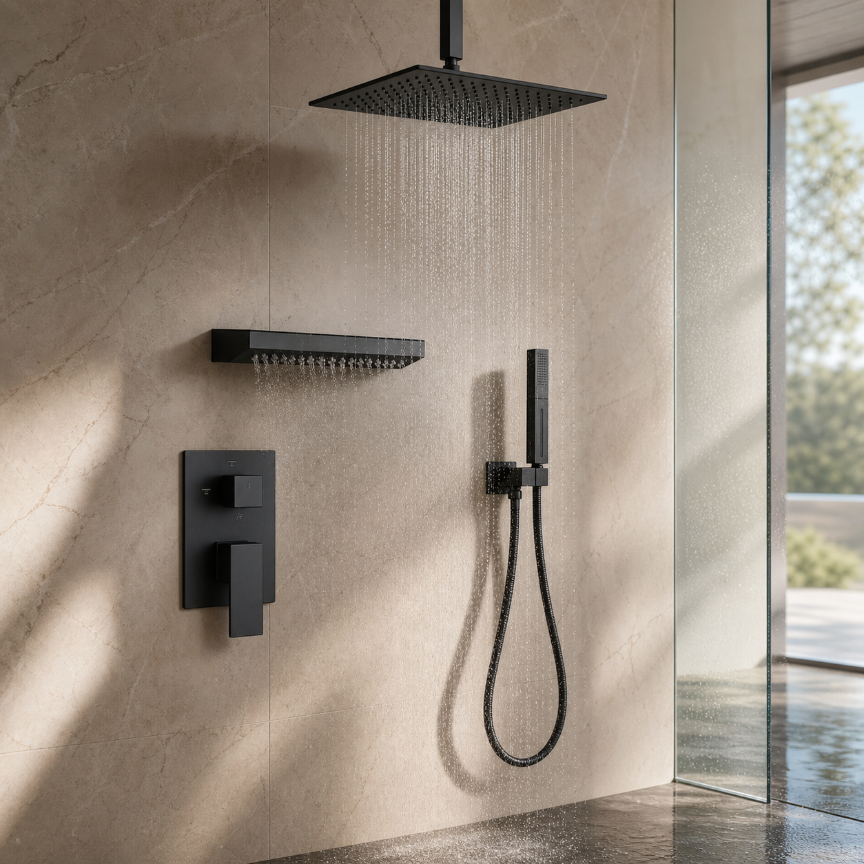 VANFOXLE shower system installed in luxury bathroom scene