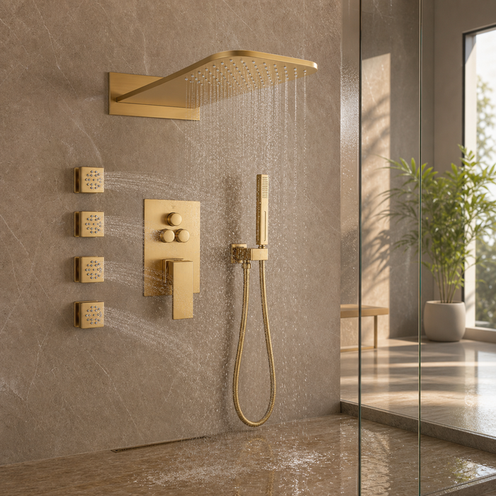 5-Spray Shower Head 20*10 in. Wall Fixed and Handheld Shower Head 1.8 GPM with Pressure Balance and 4-Jet in Brushed Gold