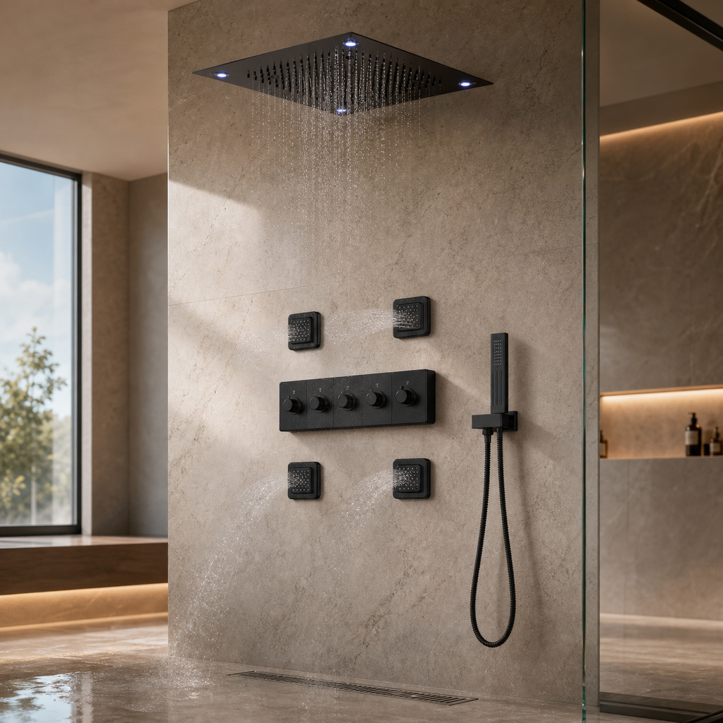 VANFOXLE shower system installed in luxury bathroom scene