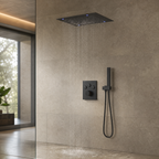 VANFOXLE matte black shower system installed in luxury bathroom scene
