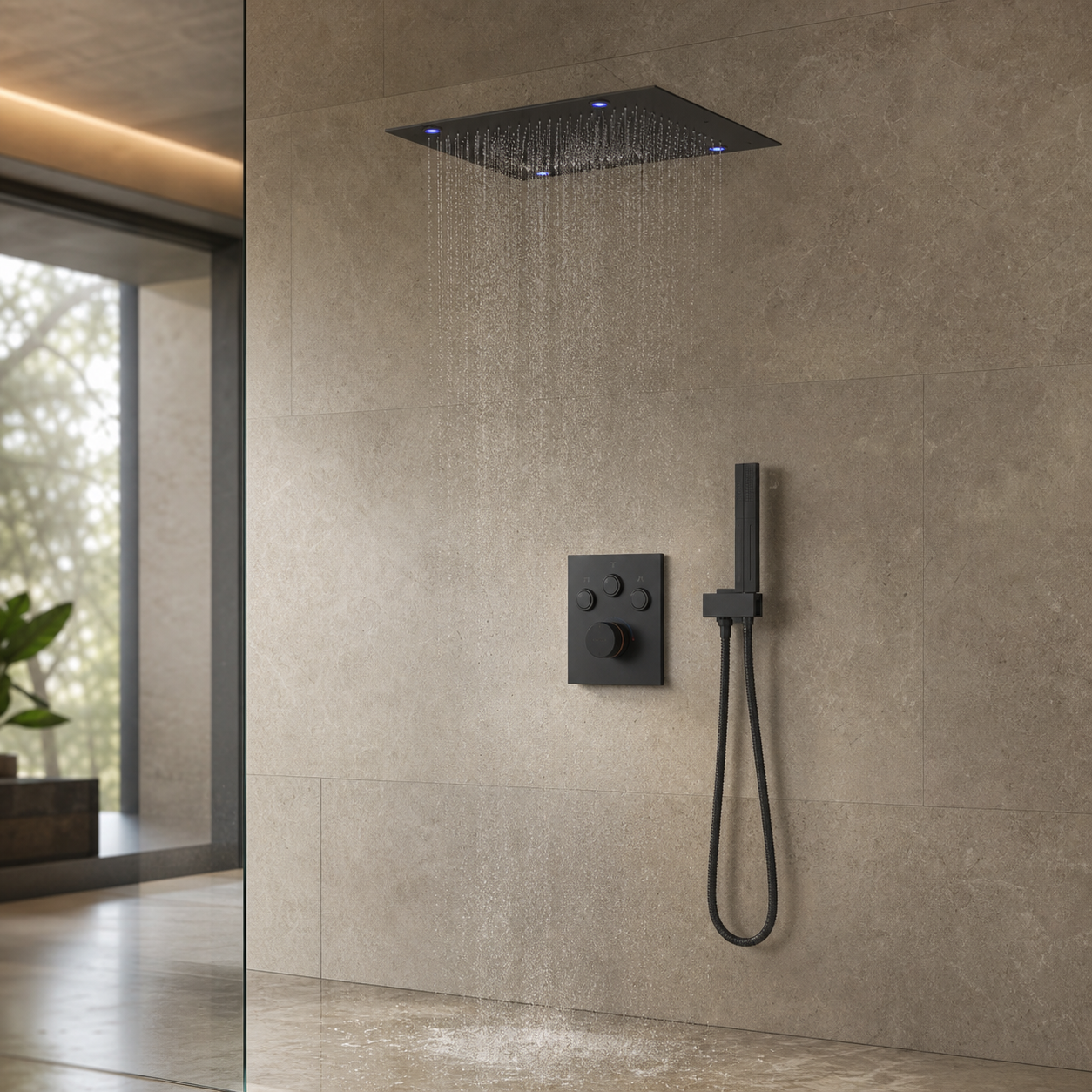 VANFOXLE matte black shower system installed in luxury bathroom scene
