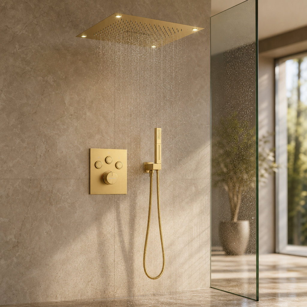 VANFOXLE brushed gold shower system installed in luxury bathroom scene