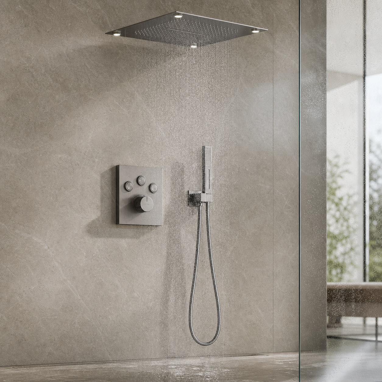 VANFOXLE grey shower system installed in luxury bathroom scene