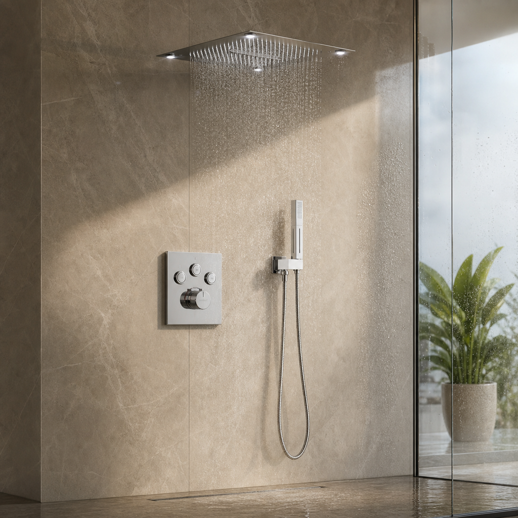 VANFOXLE chrome shower system installed in luxury bathroom scene